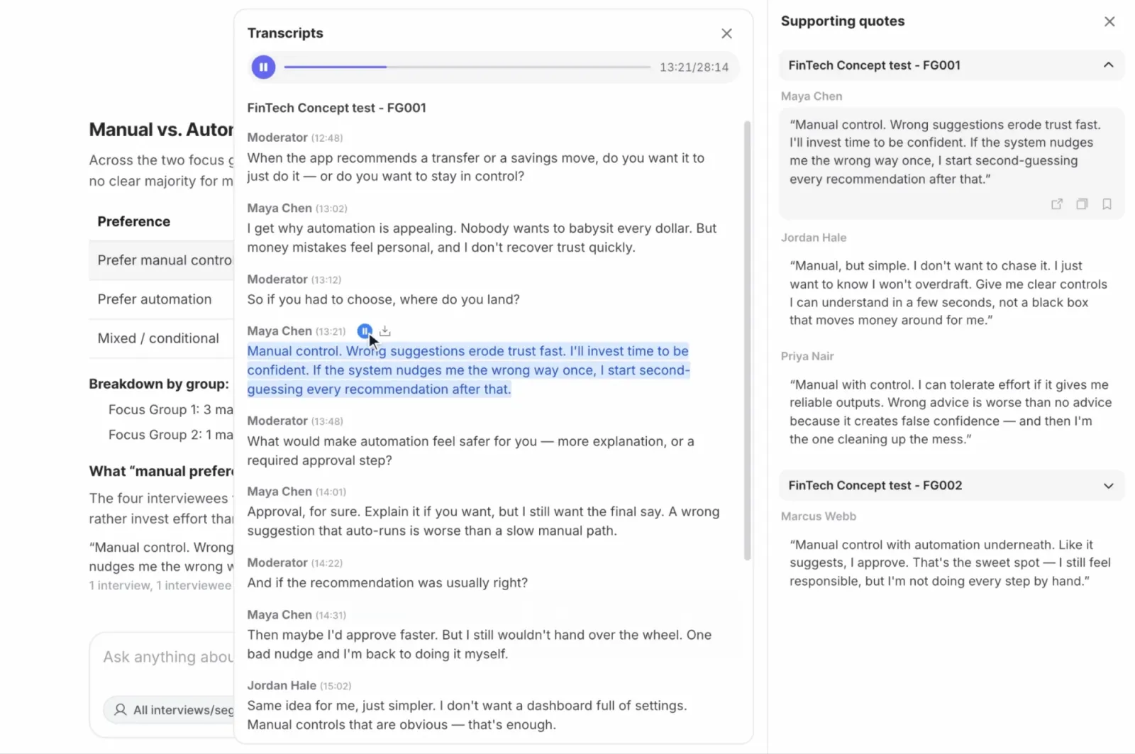 BTInsights Interview Analysis: a focus group transcript with the highlighted passage playing from the recording, next to supporting quotes grouped by session.
