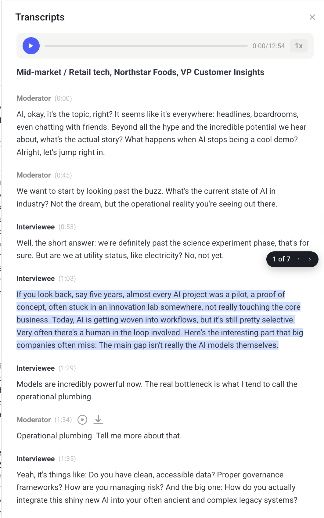 Analysis Grid transcript excerpt with the supporting interview passage highlighted