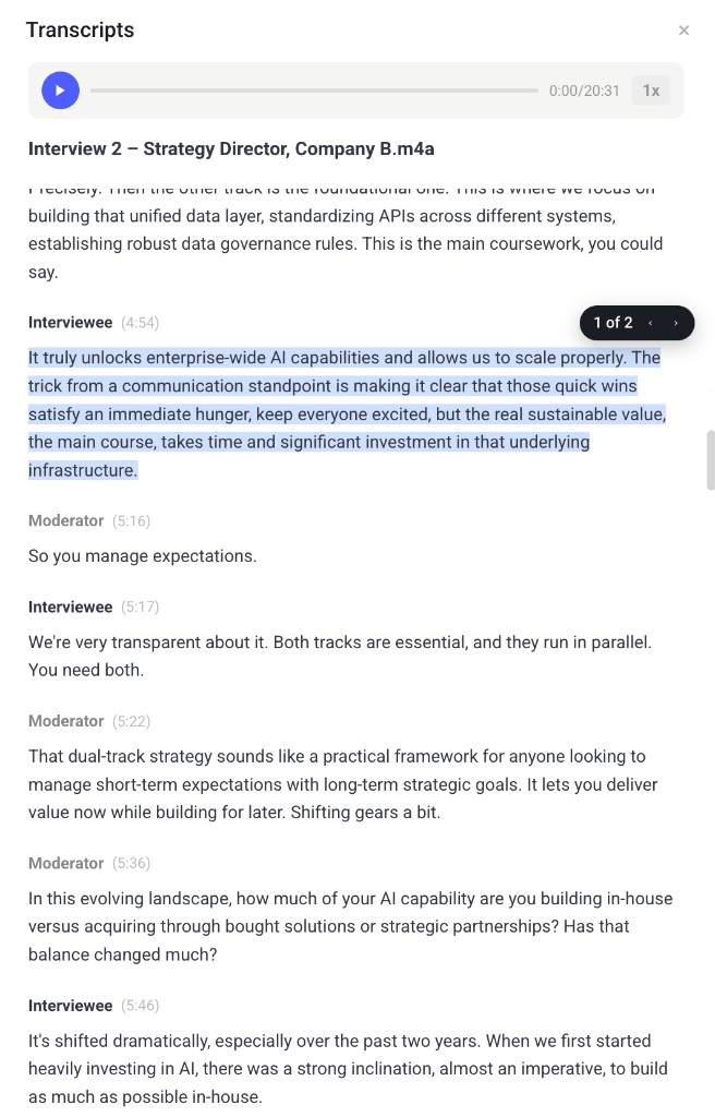 QuantTracker transcript for Interview 2 with highlighted passages on dual-track AI strategy and infrastructure investment