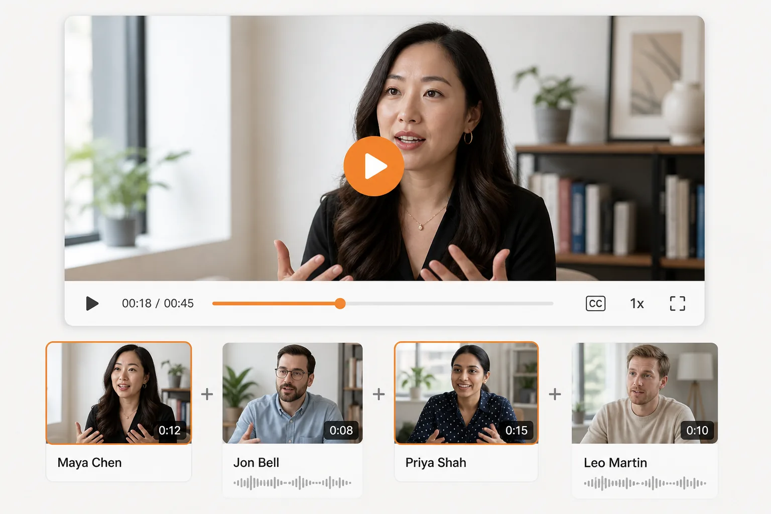 A BTInsights showreel: a video player above a row of participant clips joined into one video.