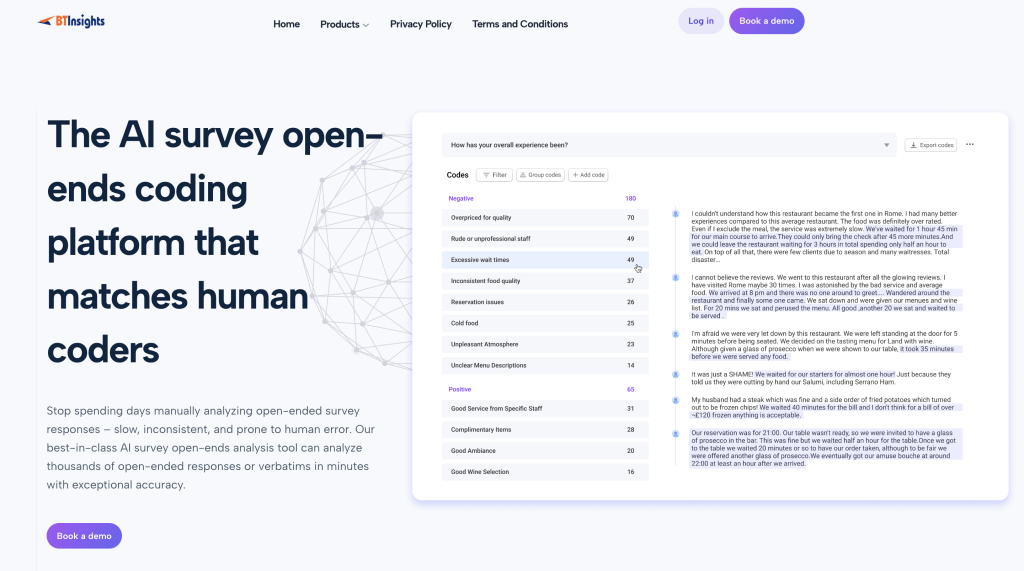 BTInsights AI survey open-ends analysis platform homepage